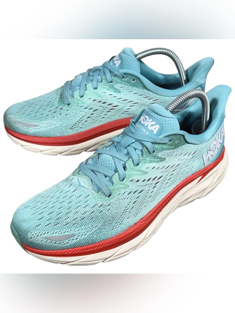 Hoka One One Clifton 8 Shoes Women’s Size 9 B Aqua Red Running Trainers Sneakers